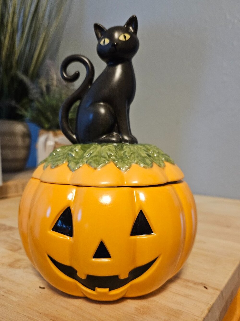 Lenox Haunted Halloween Covered Candy Dish with Black Cat and Pumpkin.